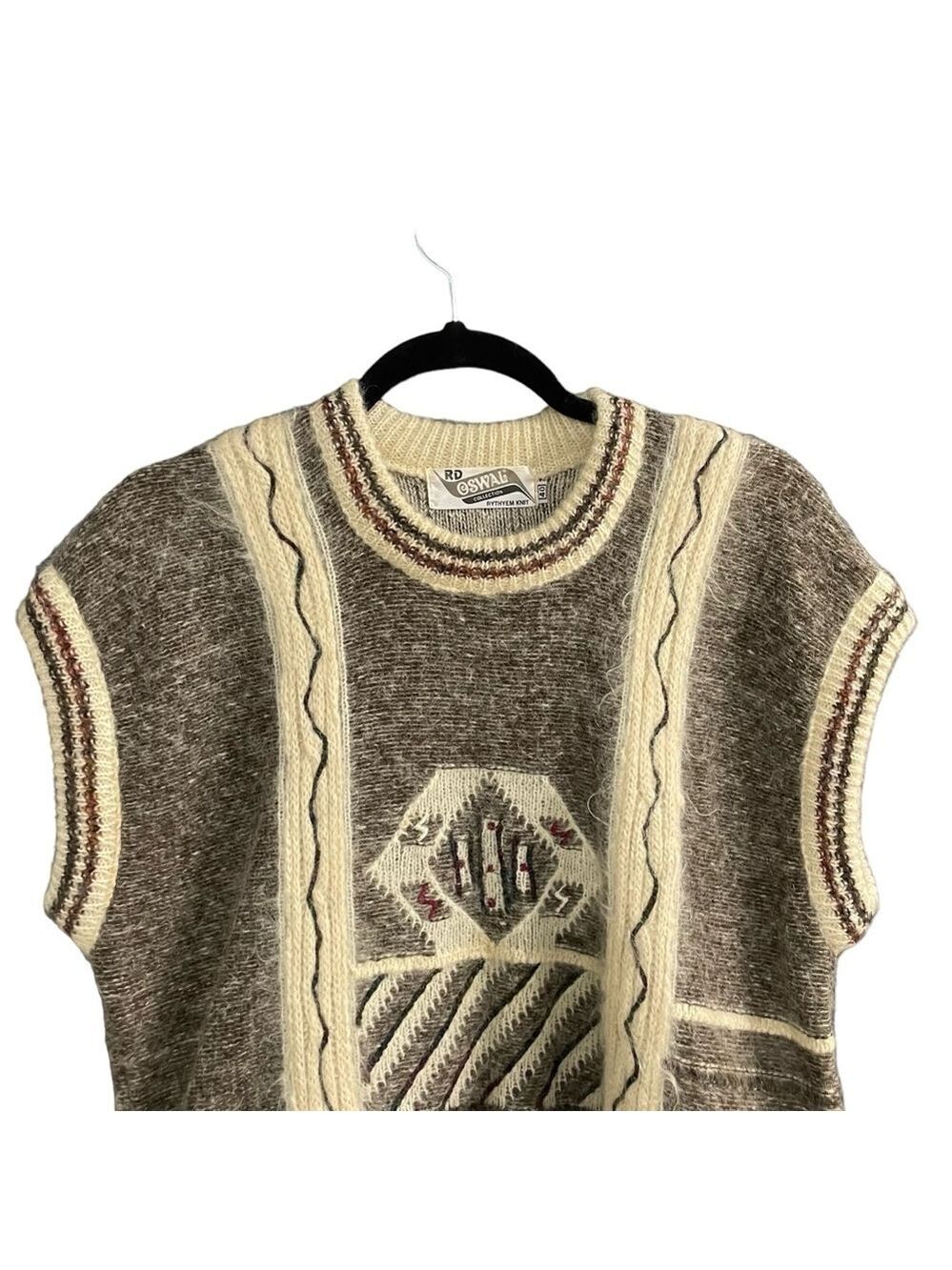 RD OSWAL COLLECTION Vintage Rythyem Knit Wool Pullover Sweater Brown Cream 40 - Picture 2 of 4